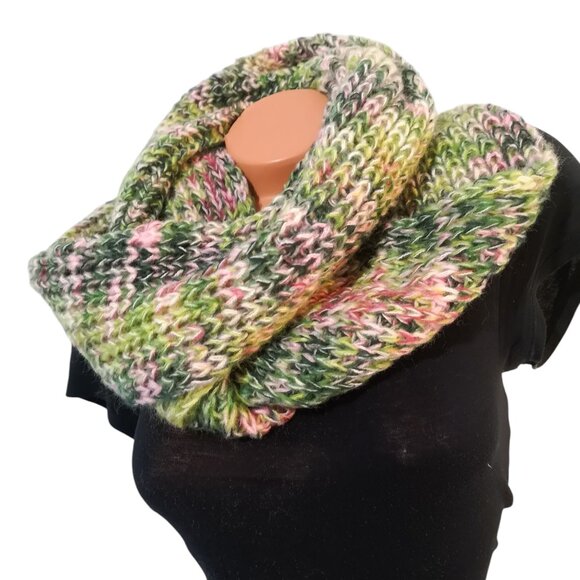 Green Pink Handknit Infinity Scarf - Picture 2 of 4
